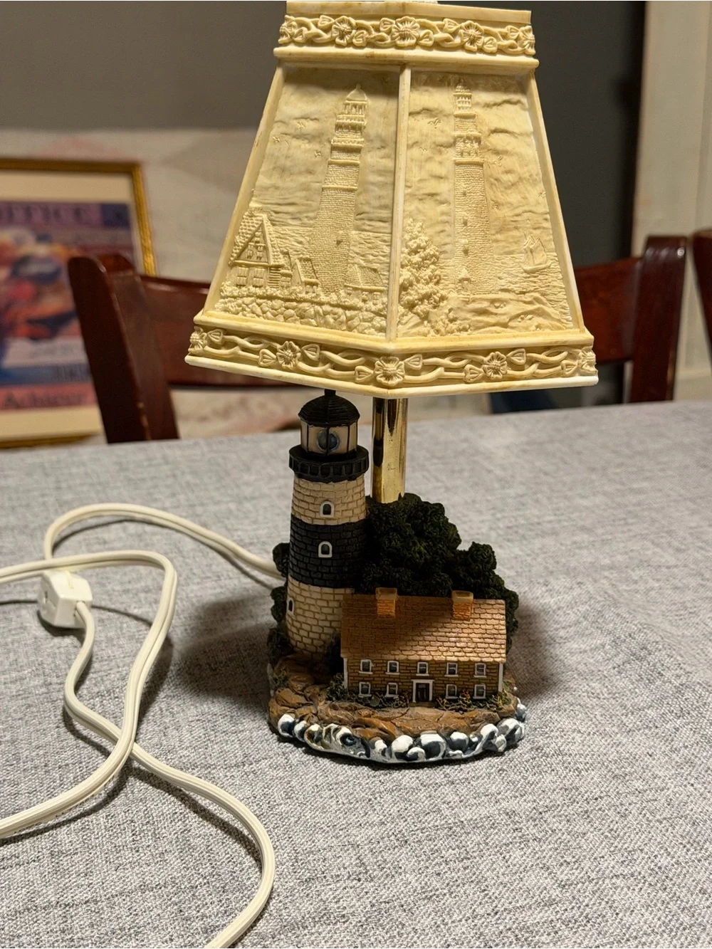 Coastal Lighthouse Table Lamp with Beige Shade